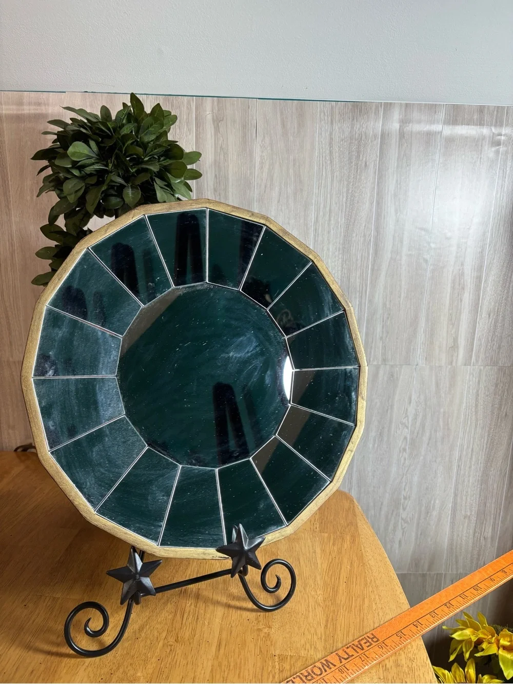 Modern Segmented Round Wall Mirror with Elegant Gold and Brown Tone Frame